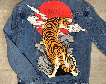 Custom jean jacket, personalized gift, tiger jean jacket