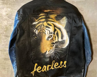 Custom painted denim jacket, Tiger jean jacket, personalised jacket, personalized gift, birthday gift.