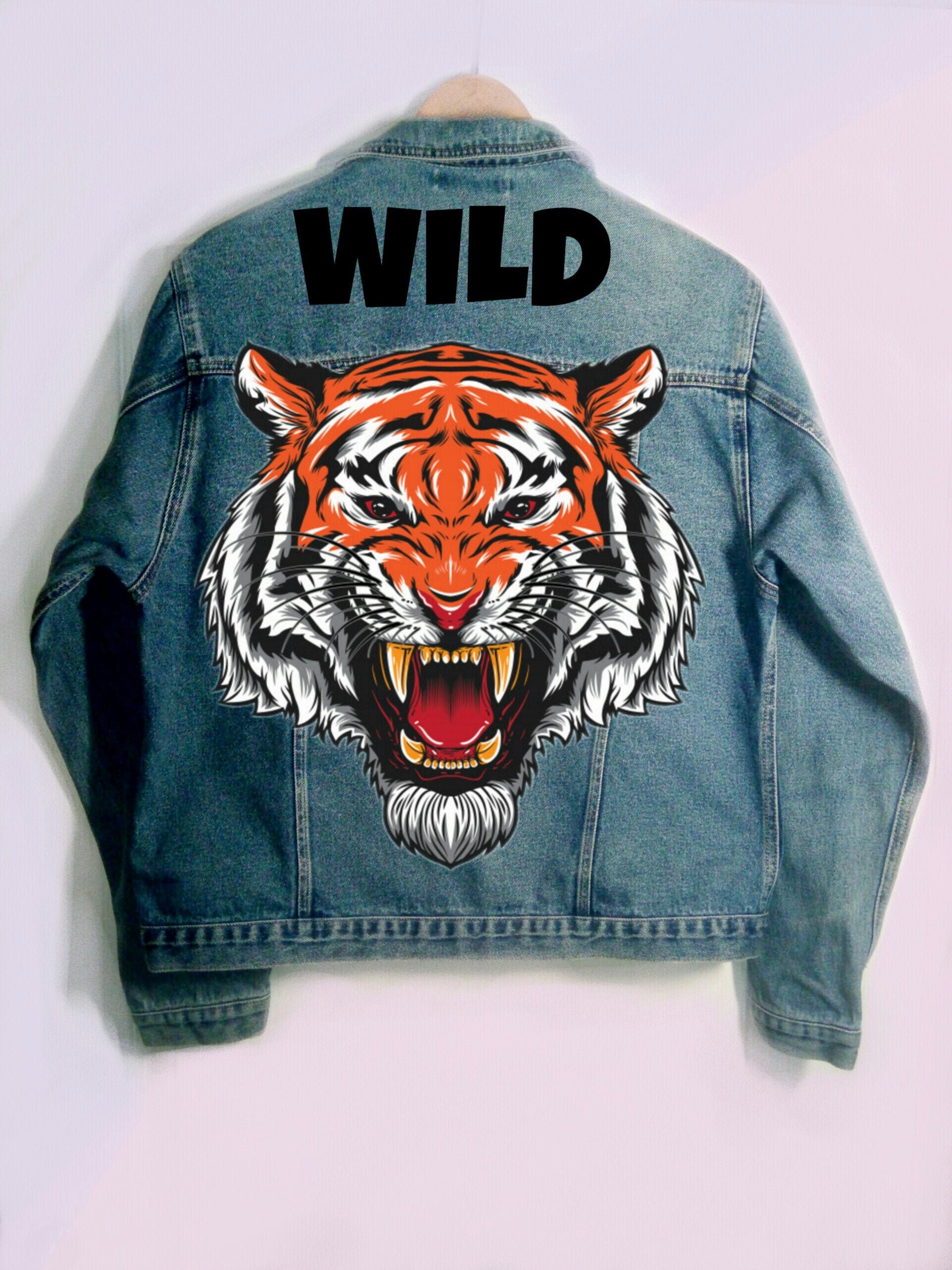 Painted Denim Jacket Tiger Etsy