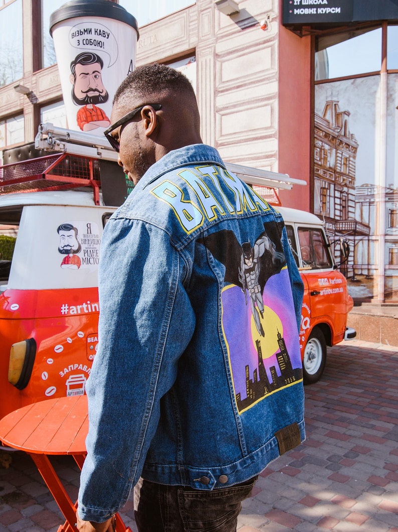 Man's painted denim jacket Comic Bat | Etsy