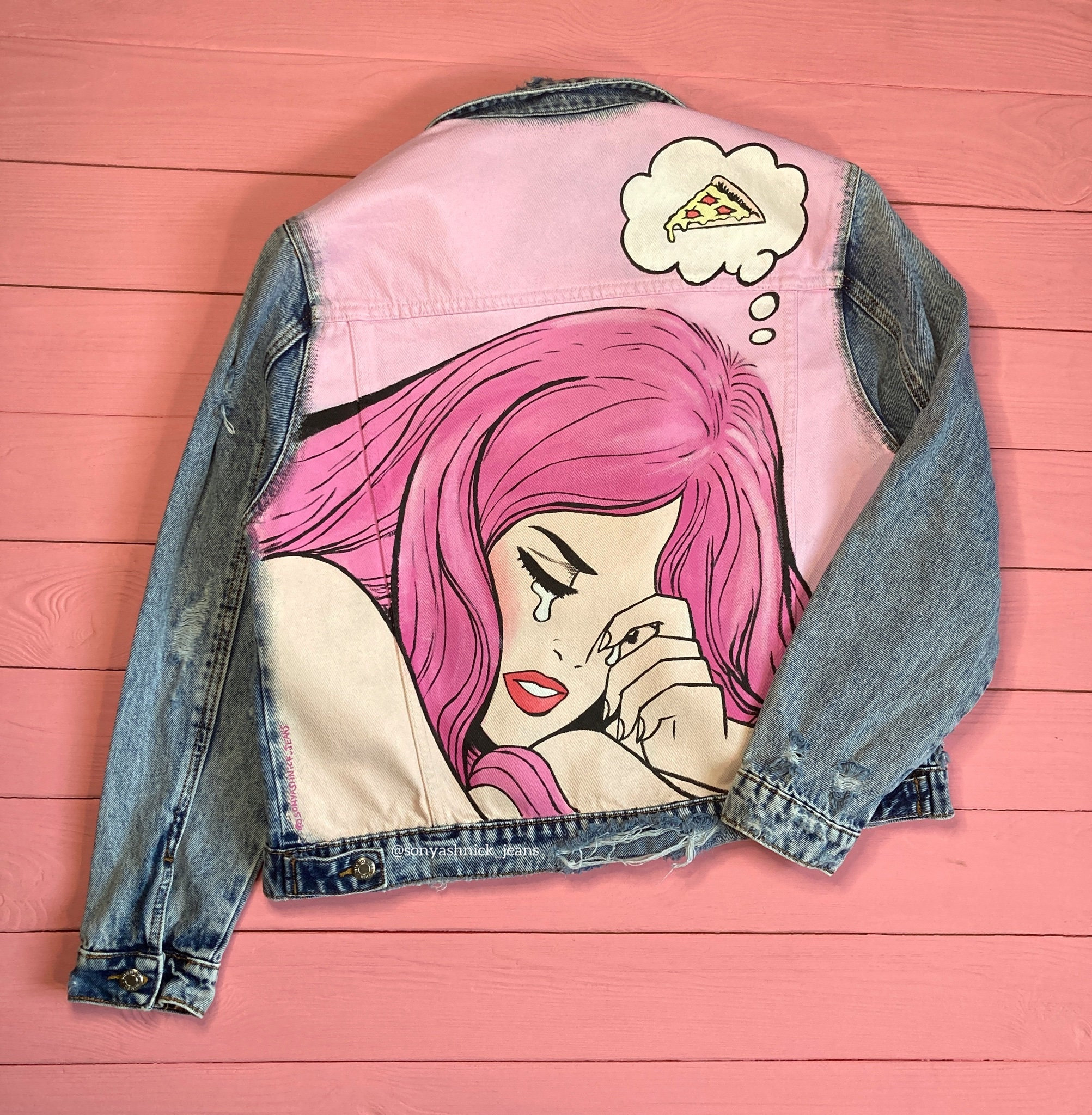 ★THE MUSEUM VISITOR★ HAND PAINTED DENIM JACKET PINK 10121 HAND PAINTED DENIM JACKET (PINK) : THE MUSEUM VISITOR
