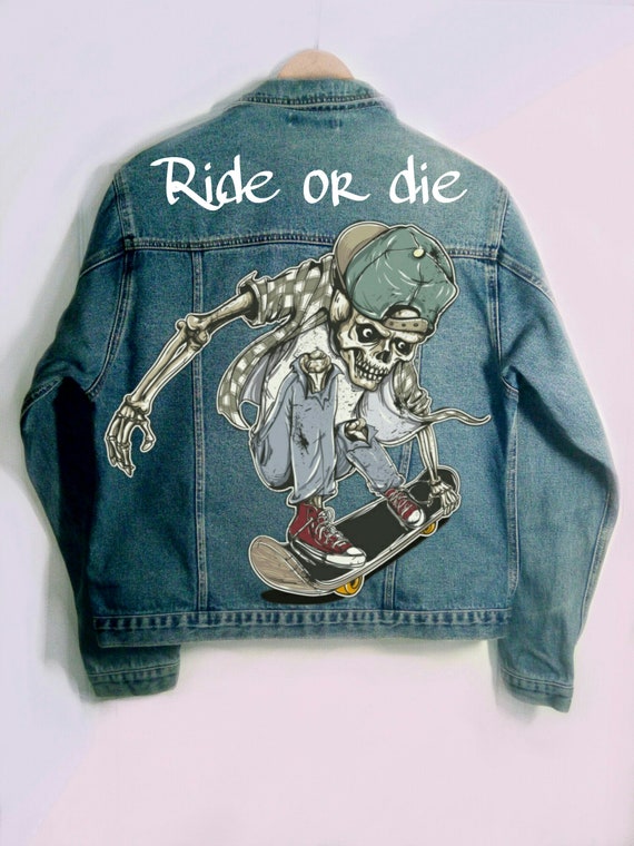 Hand painted denim jacket Skeleton skater | Etsy