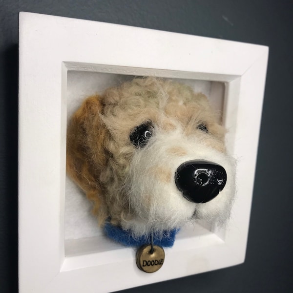 Needle felt dog head in frame. Needle felt dog. Needle felted dog. Custom needle felt dog. Custom needle felted dog. Needle felt dog head.