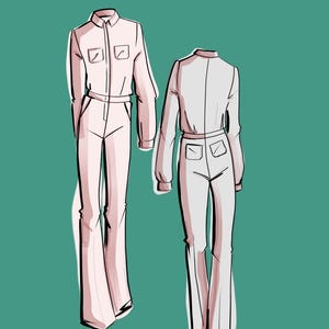 Puede incluir: Un dibujo a línea de un mono rosa de manga larga y cierre de botones en la parte delantera. El dibujo muestra las vistas frontal y posterior del mono. El texto "PATTERN Art Lab." y "MONO HOMBRE" está incluido en la imagen.