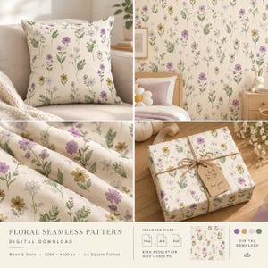 Puede incluir: Una descarga digital con un patrón floral continuo de flores silvestres moradas, amarillas y verdes sobre un fondo crema. El diseño se muestra en un cojín, papel tapiz, tela y papel de regalo con una etiqueta que dice For you.