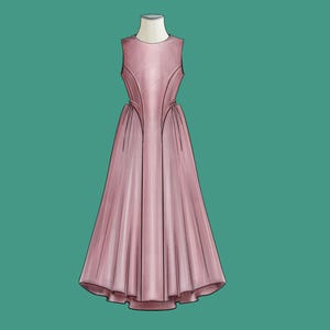 Könnte beinhalten: Illustration eines rosa ärmellosen Kleides mit drapiertem Rock. Das Kleid wird auf einer Schaufensterpuppe vor türkisem Hintergrund gezeigt. Die Texte "PATTERN Art Lab." und "VESTIDO DRAPED" sind sichtbar.
