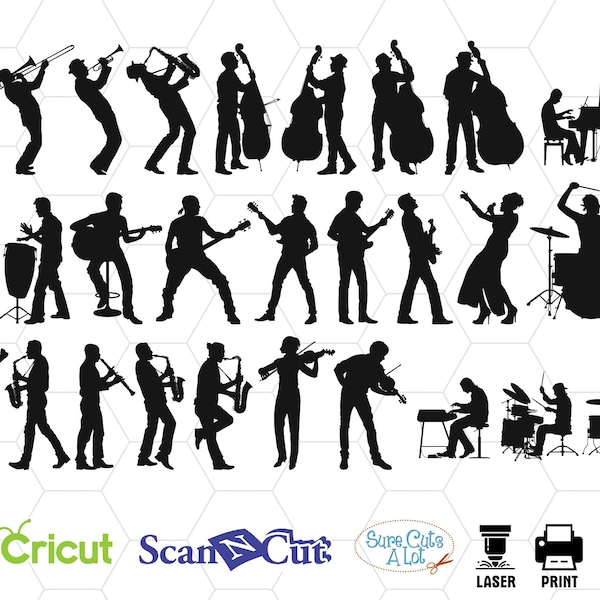 musicians silhouette svg, music svg, music clipart, music silhouette, jazz musicians svg, musician clipart, music vector, guitar silhouette