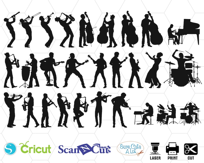 May include: Silhouettes of musicians playing various instruments, including a saxophone, trumpet, guitar, drums, and violin. The musicians are arranged in a row, with the drummer in the center. The image is in black and white.