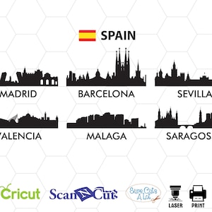 Cidade da Espanha svg, Madrid svg, Barcelona svg, Sevilla svg, Valência svg, Málaga svg, Saragoça svg, cricut, silhueta, horizonte, panorama, png