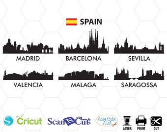 Spanien Stadt Svg, Madrid Svg, Barcelona Svg, Sevilla Svg, Valencia Svg, Malaga Svg, Saragossa Svg, Cricut, Kontur, Skyline, Panorama, png