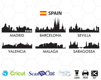Spain city svg, Madrid svg, Barcelona svg, Sevilla svg, Valencia svg, Malaga svg, Saragossa svg, cricut, silhouette, skyline, panorama, png