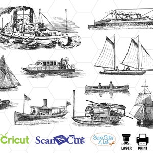 Könnte beinhalten: Eine Sammlung von Schwarzweiß-Zeichnungen verschiedener Boote, darunter ein Schaufelraddampfer, ein Segelboot, ein Kanu, eine Fähre und ein kleines Motorboot. Die Zeichnungen sind im Vintage-Stil gehalten und eignen sich perfekt für die Verwendung in einem Scrapbook, einer Karte oder einem anderen Bastelprojekt.