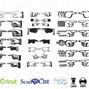 Könnte beinhalten: Ein Satz mit 10 schwarzen und weißen SVG-Schneidedateien mit zeigenden Händen. Die Hände sind in verschiedenen Posen und zeigen in verschiedene Richtungen. Die Dateien sind perfekt für die Verwendung mit Cricut, Silhouette und anderen Schneidemaschinen.