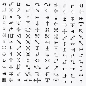 May include: A large collection of black and white arrow icons, including left, right, up, down, and diagonal arrows. The icons are arranged in a grid pattern on a white background.
