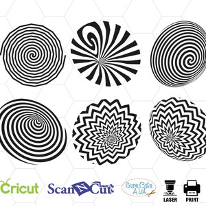 May include: Six black and white optical illusion designs. The designs include a spiral, a starburst, a circle, and a wavy pattern.