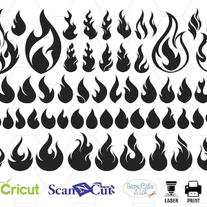 Puede incluir: Un conjunto de 48 archivos de corte SVG de silueta de llama en blanco y negro. Las llamas son de varios tamaños y formas, perfectas para proyectos de artesanía y diseño.