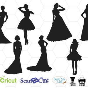 Vestidos SVG, Silueta de vestido, Vestido de novia Clipart, Vestido de fiesta SVG, Silhouette Cameo, Cricut, Instant Download, mujer en vestido svg archivo