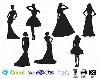 Jurken van SVG, silhouet van de jurk, Wedding Dress Clipart, partij jurk SVG, Silhouette Cameo, Cricut, Instant Download, vrouw in jurk svg-bestand