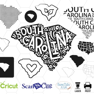 May include: Black and white silhouette of the state of South Carolina with the words "South Carolina" written in a decorative font inside the state outline. The image includes several variations of the state outline, including a dotted heart shape, a simple outline, and a heart shape with a heart inside. The image also includes a map of the United States and the text "South Carolina" written in various ways.