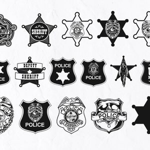 16 保安官バッジ SVG バンドル、警察バッジ SVG、警察バッジ シルエット、警官 SVG カット ファイル、副保安官スター ベクター ファイル、西部 SVG