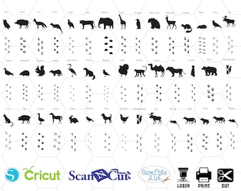 Animals with footprint silhouette svg, animal tracks, nursery print, footprint embroidery, animal charms, animal prints, footprints svg, png