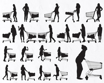 Könnte beinhalten: Silhouetten von Personen, die Einkaufswagen schieben. Die Wagen sind leer oder mit Artikeln gefüllt. Die Personen sind in verschiedenen Posen, einige schauen in die Kamera, andere schauen auf die Wagen.