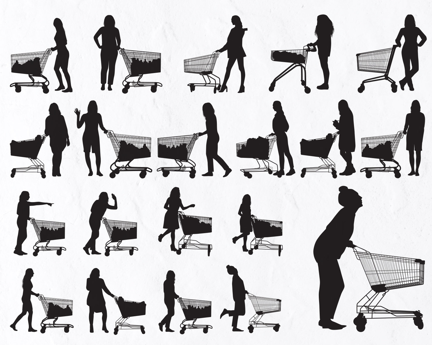 20 Mujer empujando el carrito de compras SVG, hombre con carrito de compras svg, mujer con silueta de carrito de compras, hombre con silueta de carrit