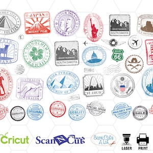 Arquivo svg de selos de passaporte, pacote de selos svg, ícones de passaporte, silhueta de selos, selos cricut, selo de visto svg, selo digital, selo postal