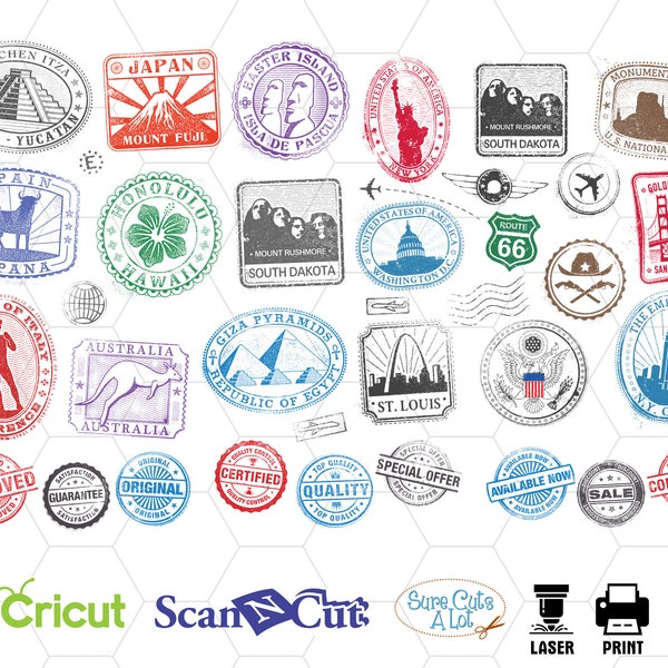 Passport Stamps svg file, Stamp bundle svg, passport icons, Stamps  silhouette, Stamps  cricut, visa stamp svg, digital stamp, postal stamp