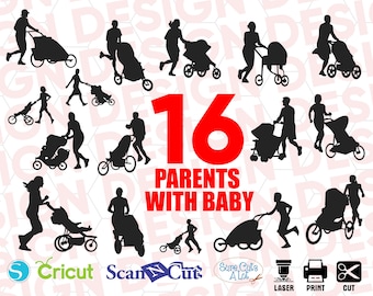 PARENTS WITH baby CARRIAGE silhouette svg bundle, baby carriage vector, baby carriage design, baby carriage monogram, baby carriage dxf, svg