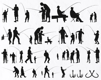 35 Fisherman Silhouettes, Fisherman SVG, Fishing Silhouette svg, Fishing Hook SVG, Fish SVG, Fishing Png, Fishing Vector, Fishing Eps