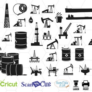 May include: Black and white silhouette illustrations of oil drilling rigs, oil barrels, oil tankers, and other oil-related equipment. The illustrations are set against a white background.