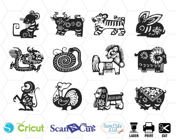 Set of all 12 zodiac animals for Chinese New Year celebration design.  Vector illustration in paper cut style. Stock Vector