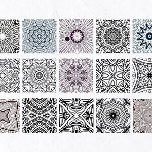 May include: A set of 18 black and white digital illustrations featuring intricate geometric patterns. The patterns are symmetrical and have a mandala-like design.