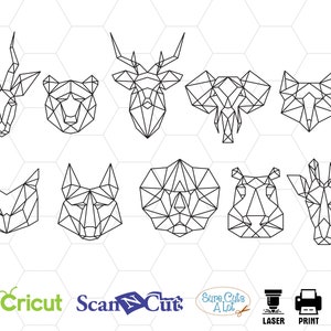 Könnte beinhalten: Satz von zehn geometrischen Tierkopf-Illustrationen in Schwarzweiß. Die Tiere umfassen einen Hirsch, einen Bären, einen Elefanten, einen Fuchs, eine Giraffe, einen Löwen, ein Flusspferd und zwei Wölfe.