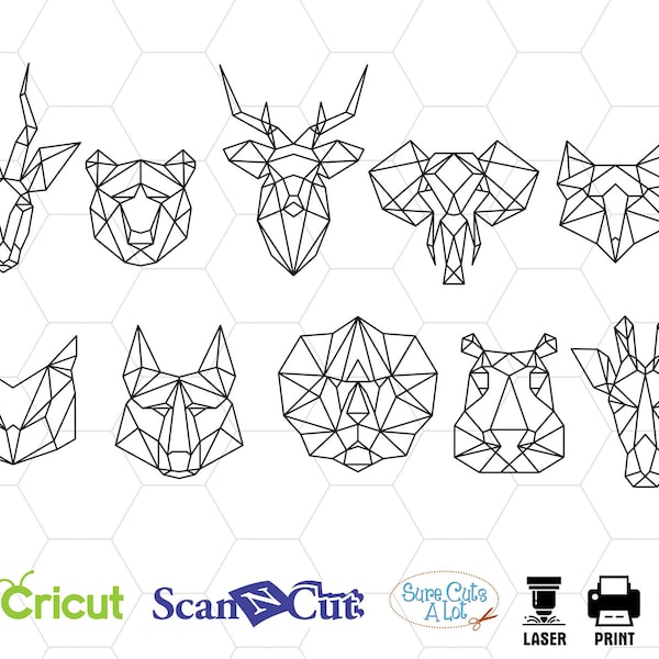 Polygone animaux svg, basse poly animaux svf fichiers pour cricut, polygonale imprimer svg, svg polygone Makki, loup polygone svg, svg polygone éléphant