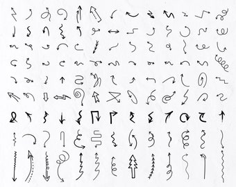 May include: A collection of 100 hand-drawn arrows in black ink on a white background. The arrows point in various directions, including up, down, left, right, and curved.