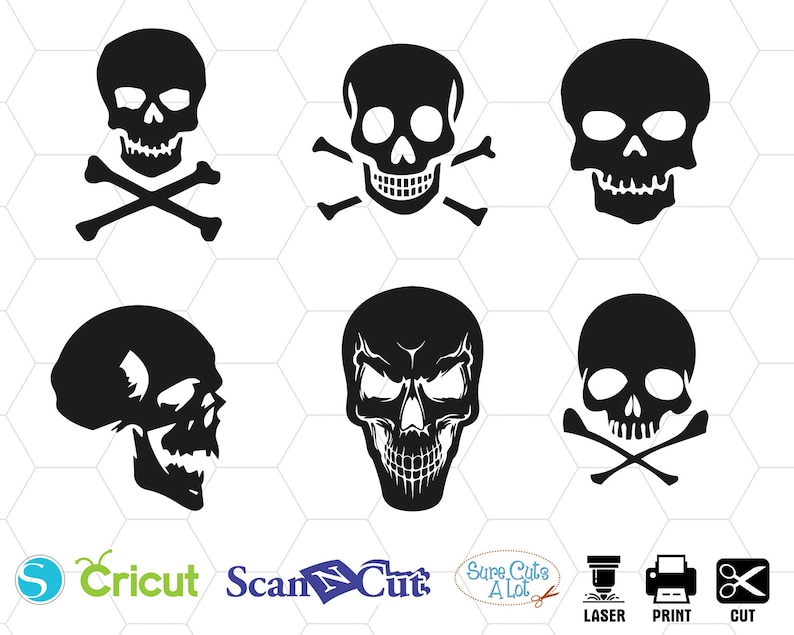May include: A set of six black and white skull and crossbones designs. The skulls are in various styles, some with crossbones and some without. The designs are perfect for use in crafting projects, scrapbooking, or digital design.