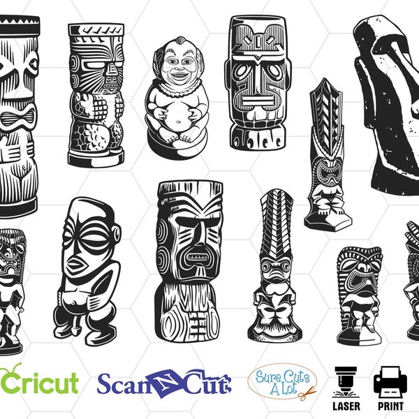 ENSEMBLE exotique de STATUE totem svg, masque hawaii svg, svg tête de tiki, tiki svg, totem batterie cocktail, tribal svg, tiki sticker svg, totem clipart svg