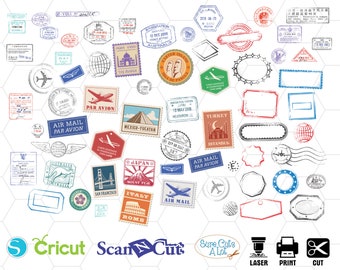 May include: A collection of vintage travel stamps with various designs, including airplanes, maps, landmarks, and text. The stamps are in different colors and have a distressed, worn look. The stamps are perfect for scrapbooking, card making, and other craft projects.