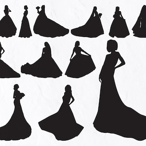 12 Braut Silhouetten, Hochzeitskleid Schwarze Silhouette Svg, Mädchen Silhouette, Frau, Mode, Lady, Vektor, Prinzessin, Ehe, Paar