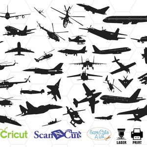 Op de afbeelding: Een verzameling van 30 zwarte silhouetbeelden van verschillende vliegtuigen, waaronder helikopters, straaljagers en commerciële vliegtuigen. De afbeeldingen zijn willekeurig gerangschikt op een witte achtergrond.