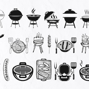 Może przedstawiać: Zestaw czarno-białych ilustracji różnych rodzajów grilli i narzędzi do grillowania. Ilustracje obejmują różne rodzaje grilli, takie jak grille węglowe, grille gazowe i grille wędzarnie. Ilustracje obejmują również różne narzędzia do grillowania, takie jak szczypce, szpatułki i szaszłyki.