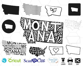 May include: A black and white graphic design of the state of Montana with the word "MONTANA" written in a decorative font. The design includes various other images of the state of Montana, including a heart-shaped outline, a leaf, and a dotted outline. The design also includes the logos for Cricut, ScanNCut, and Sure Cuts A Lot.