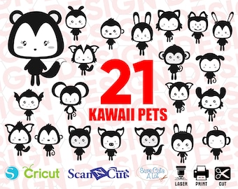 Puede incluir: Un conjunto de 21 ilustraciones de mascotas kawaii en blanco y negro. Las ilustraciones incluyen una variedad de animales, como gatos, perros, monos y conejos. El texto "21 Kawaii Pets" se muestra en rojo.