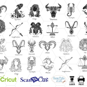 Les fichiers svg de signes du zodiaque, signe astrologique du contour du zodiaque cricut, Horoscope silhouette svg, clipart Horoscope, astrologie svg, svg, svg bundle