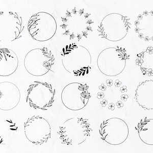 20 Floral Wreaths SVG, Wreath Clipart, Frame Svg, Flower Monogram Svg, Leaf Wreath Hand Drawn Wreath, Floral Circle, Wreath Clipart