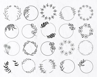 20 blomkransar SVG, krans Clipart, ram Svg, blommamonogram Svg, lövkrans handritad krans, blomcirkel, krans Clipart