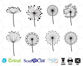 May include: A collection of eight black and white dandelion designs. Each design features a detailed seed head atop a slender stem. The image includes logos for Cricut, ScanNCut, and Sure Cuts A Lot, along with icons for laser, print, and cut.