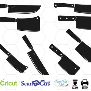 May include: A set of eight black silhouette images of different types of knives. The knives are all in a sharp, angular style and are arranged in a grid pattern.